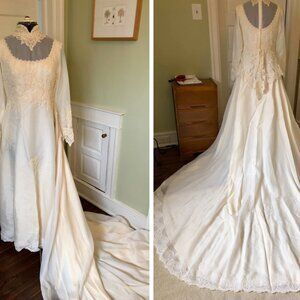 70s Ivory Long Sheer Chiffon Sleeved Wedding Dress with Floral Alencon Lace Appl